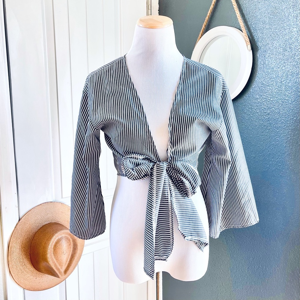 Like New Blue & White Striped Front Tie Crop Top | Bell Sleeves | Size S